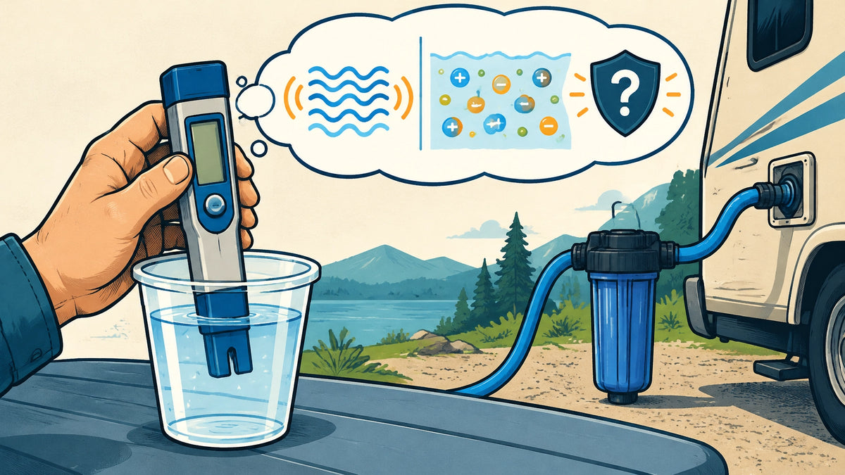Graphic-novel illustration of a handheld water tester above a sample cup beside a generic RV water hookup, showing conductivi