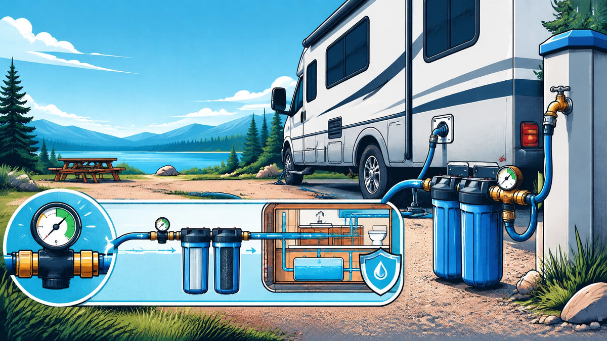 Graphic-novel-style illustration of an RV connected to a campground spigot through a pressure regulator, gauge, hose, and who