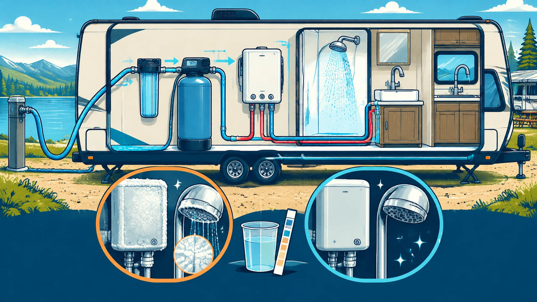 Technical graphic-novel illustration of an RV water system showing a campground hookup, separate filter and softener, and har