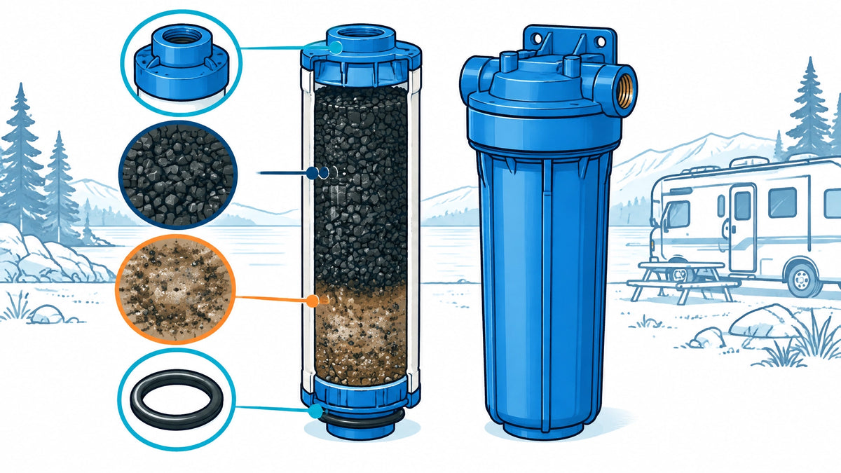 Technical cutaway illustration of a used RV water filter cartridge showing carbon media, trapped sediment, plastic end caps, 