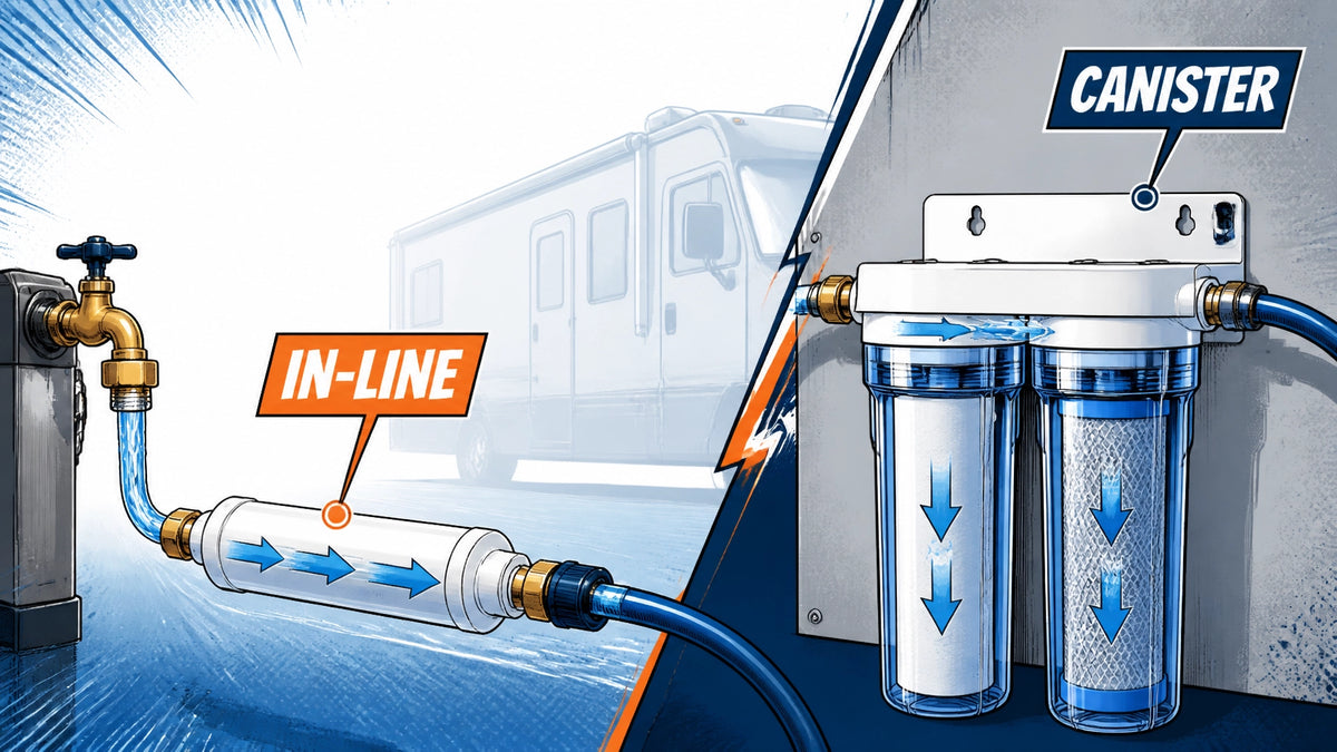 Split technical illustration comparing a compact inline RV water filter with a dual-canister RV water filtration system, with