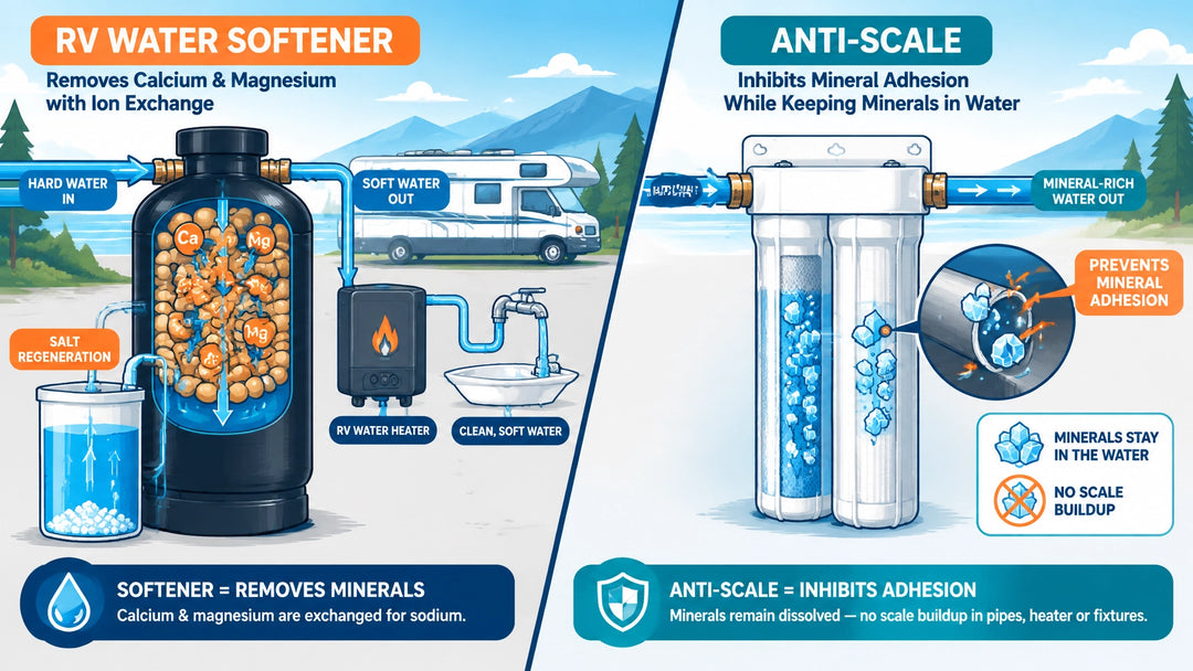 Split educational illustration comparing a portable RV water softener that removes calcium and magnesium with an anti-scale c