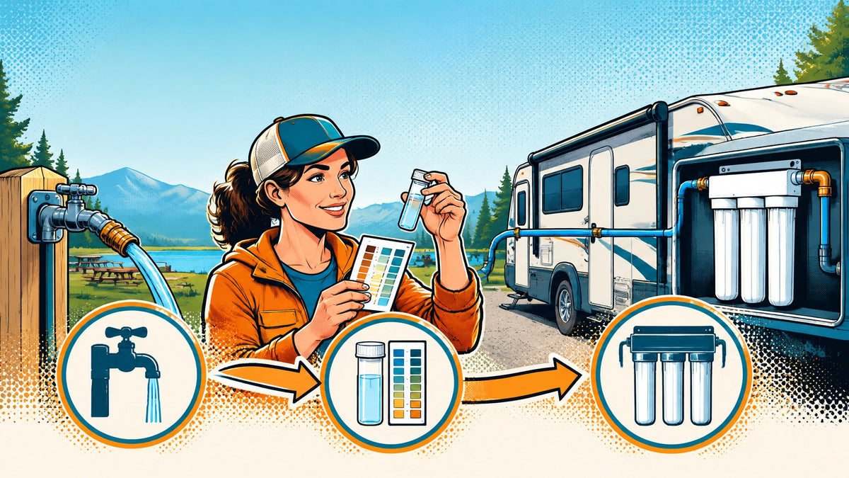 Graphic-novel illustration of an RV traveler testing campground water before choosing an RV water filter
