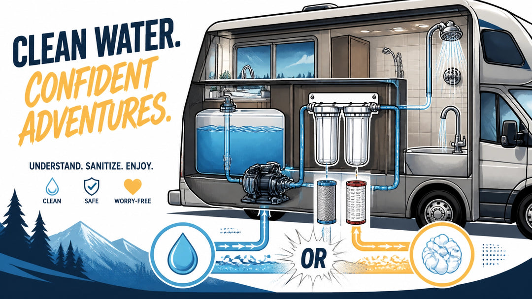 Technical illustration of an RV fresh-water tank and filter system being sanitized with separate bleach and hydrogen peroxide