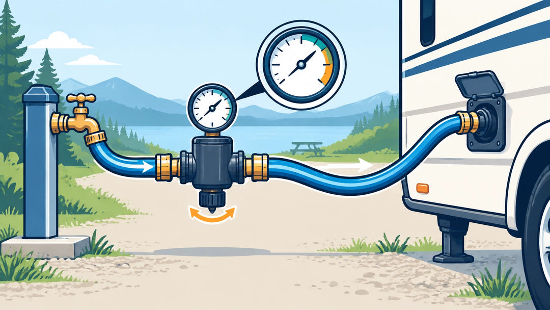 Technical illustration of an RV campground hookup showing a generic adjustable pressure regulator and gauge between a spigot 