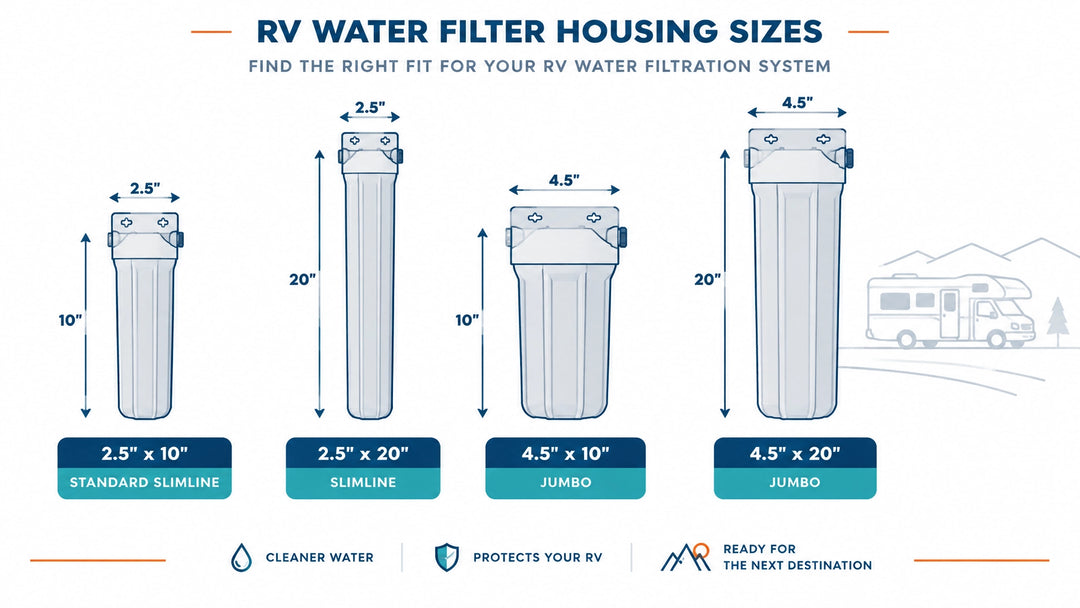 Technical comparison of standard, slimline, jumbo, and compact RV water filter housing sizes