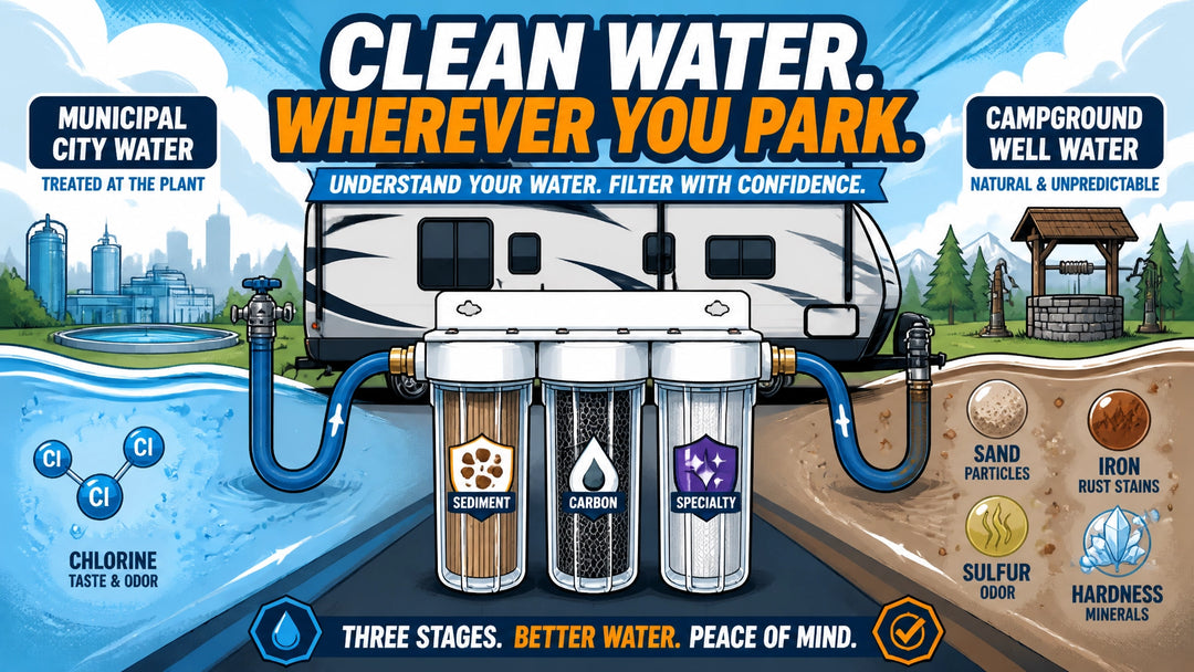 Illustrated RV connected to a campground spigot with city water and well water sources flowing through sediment, carbon, and 