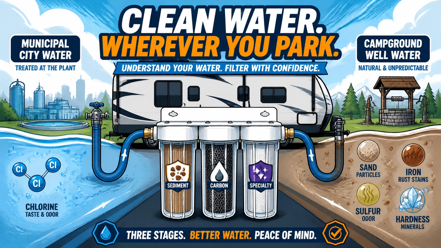 Illustrated RV connected to a campground spigot with city water and well water sources flowing through sediment, carbon, and 