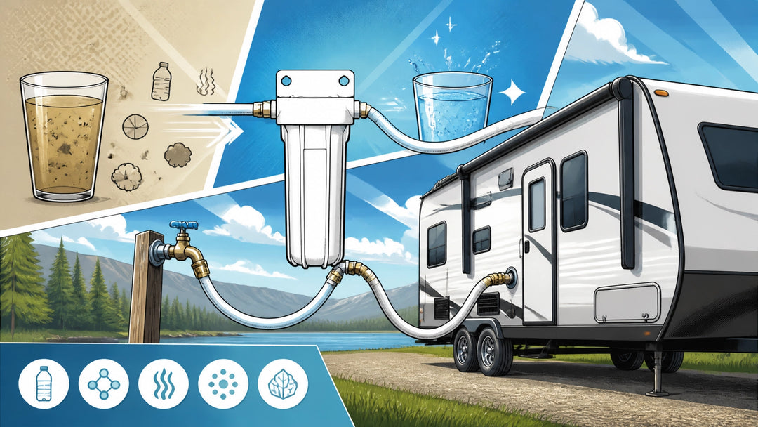 Graphic illustration of an RV connected to a campground water supply through an inline filter, showing unpleasant-tasting wat