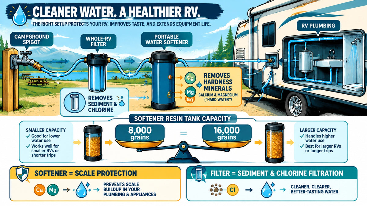 Technical graphic-novel illustration of an RV campground hookup comparing 8,000- and 16,000-grain water softener capacity wit