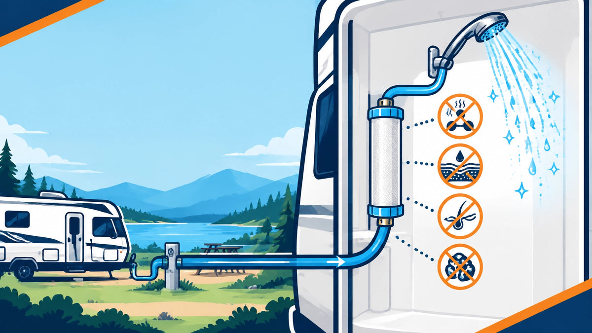 Technical illustration of an RV campground shower setup with an inline shower filter between the water supply and showerhead,