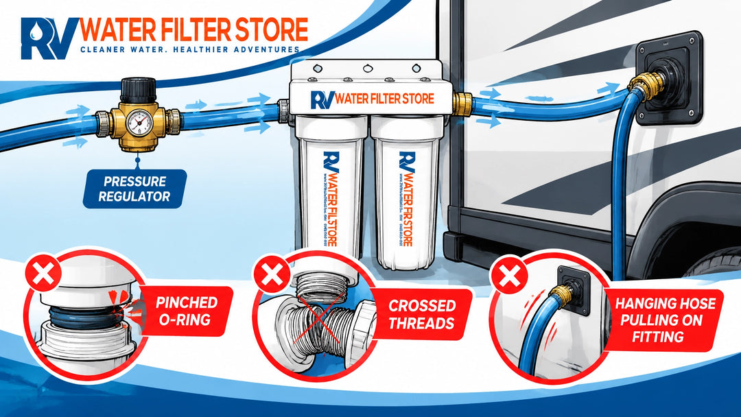 Technical illustration of an RV water filter installation showing a pressure regulator, potable hose, dual-canister filter, a