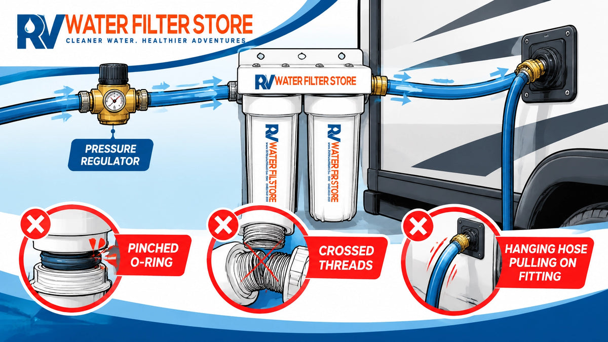 Technical illustration of an RV water filter installation showing a pressure regulator, potable hose, dual-canister filter, a