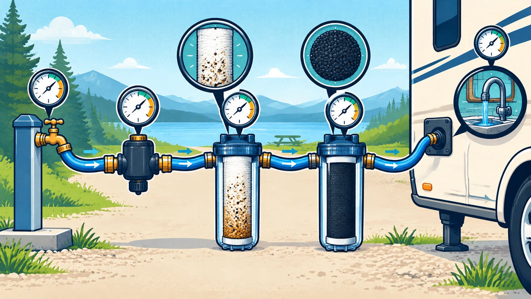 Graphic-novel-style diagram tracing RV water from a campground spigot through a pressure regulator and filter housings to an 