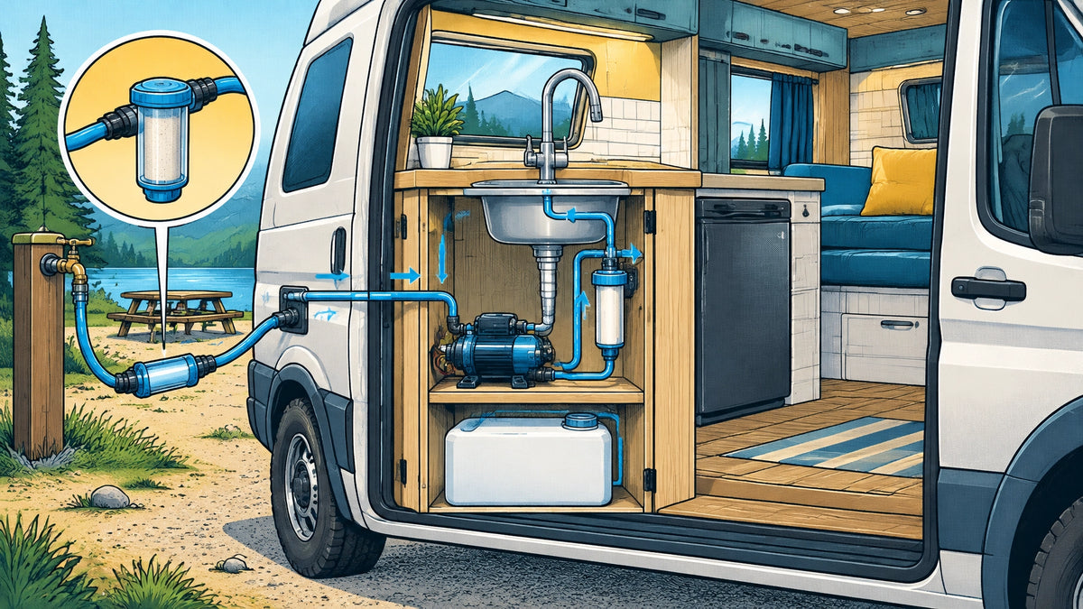 Graphic-novel-style cutaway of a compact campervan with an inline filter at the campground spigot and a small dedicated drink