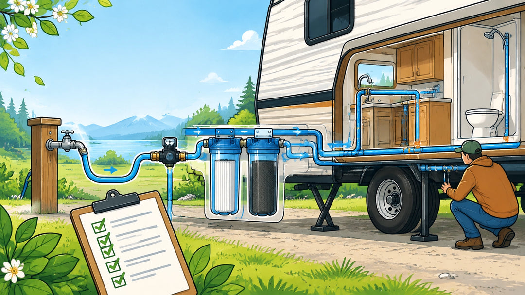 Technical graphic-novel illustration of an RV water system being recommissioned in spring, with water flowing from a campgrou