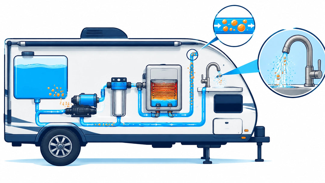 Technical illustration of an RV plumbing system showing air bubbles moving from the fresh-water tank and pump through a filte