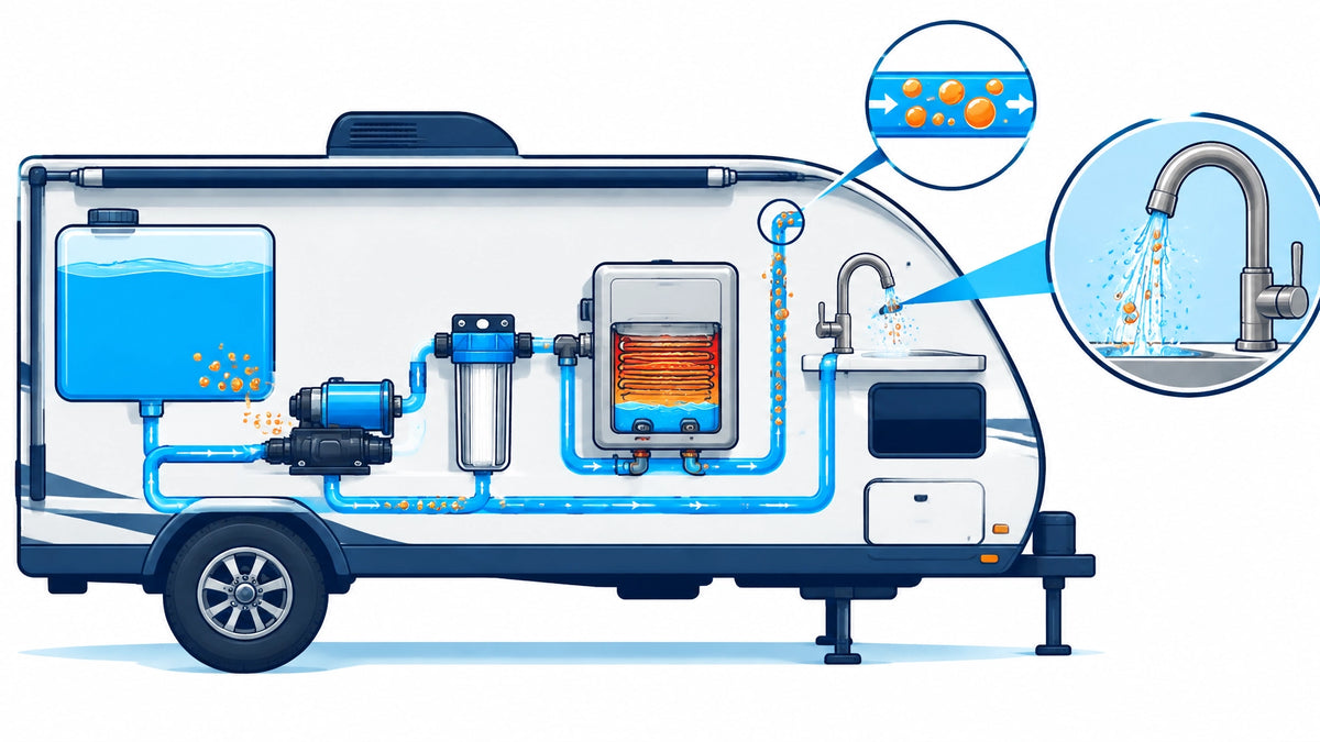 Technical illustration of an RV plumbing system showing air bubbles moving from the fresh-water tank and pump through a filte