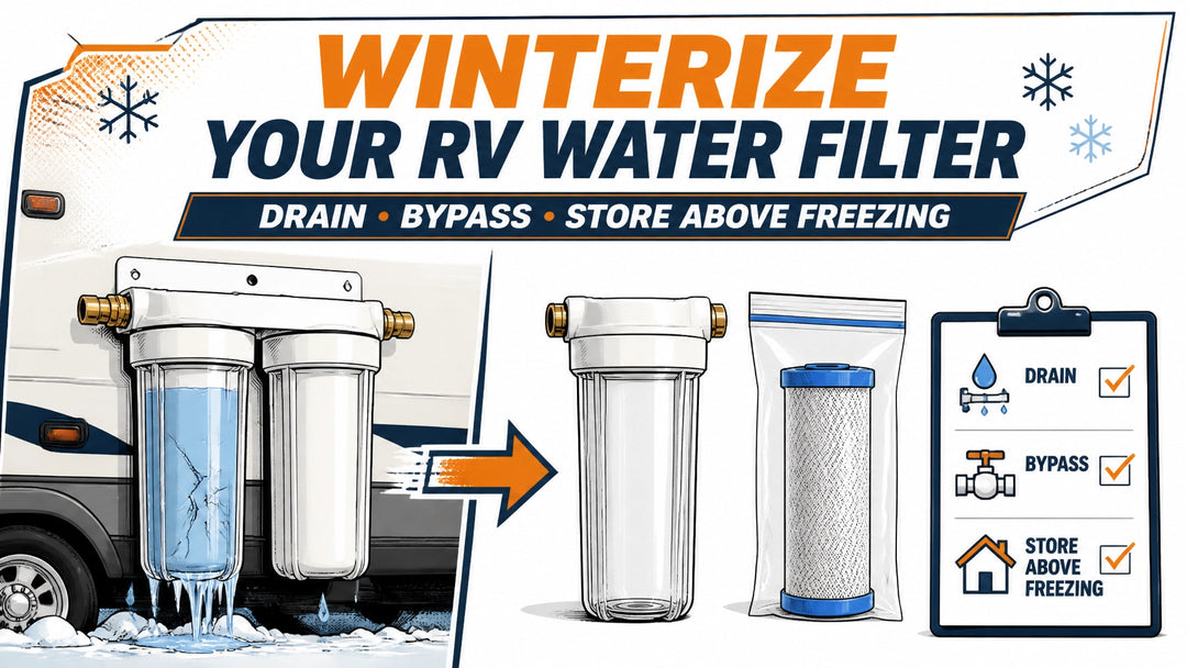 Graphic illustration of an RV water filter system being winterized, showing ice damage risk, a drained canister, a removed ca