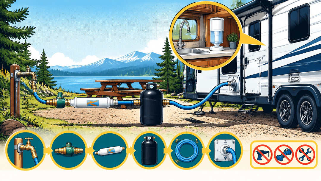 Graphic illustration of a rental RV using a removable external water filter, pressure regulator, potable hose, and portable s