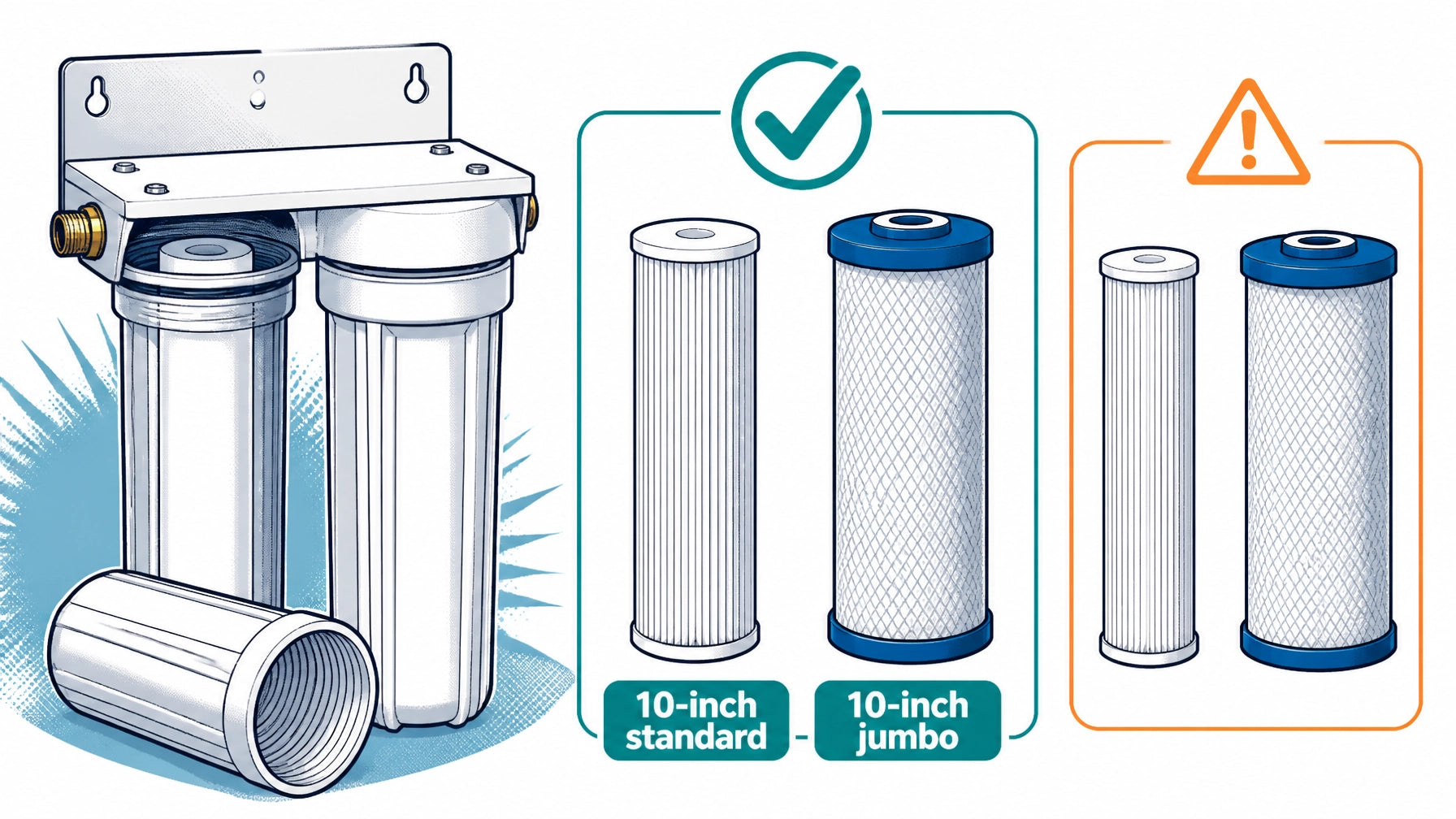 Technical illustration showing a 10-inch standard RV water filter cartridge matched with a narrow canister and a 10-inch jumb
