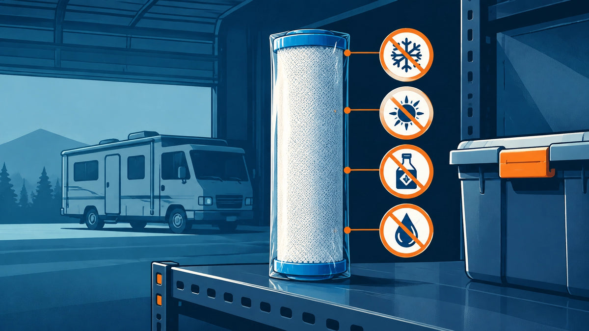 Graphic-novel style illustration of a factory-sealed RV water filter cartridge stored on a cool, dark shelf away from heat, m