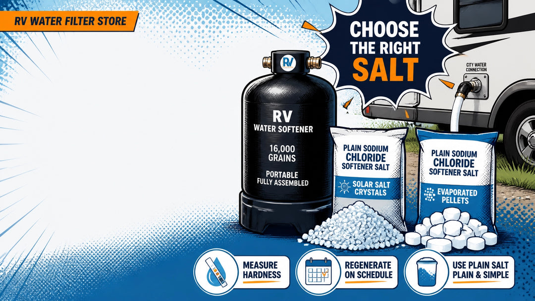 Graphic illustration of a portable RV water softener beside salt choices, with callouts for selecting salt, testing hardness,
