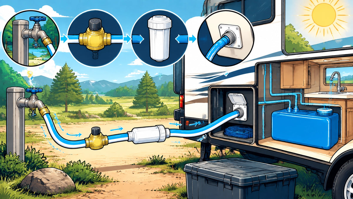 Graphic-novel style illustration of an RV fresh-water hookup with a campground spigot, pressure regulator, white potable drin