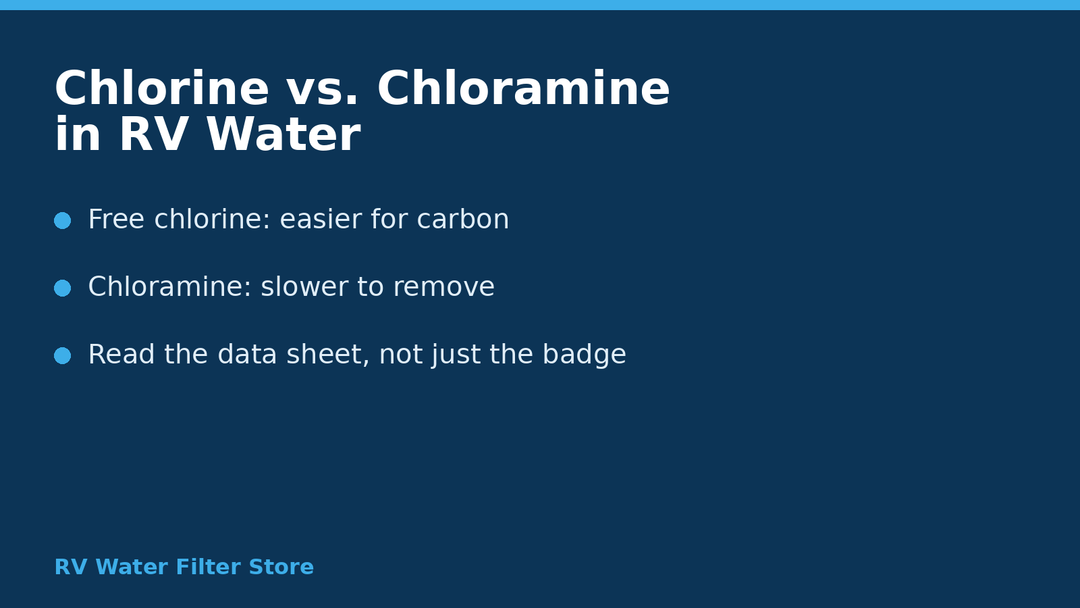 Graphic comparing chlorine and chloramine in RV campground water and how carbon filters handle each