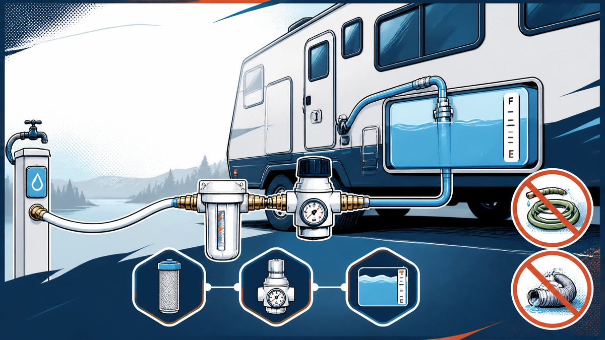 Technical illustration of an RV fresh-water tank being filled through a potable-water hose, pressure regulator, and inline fi