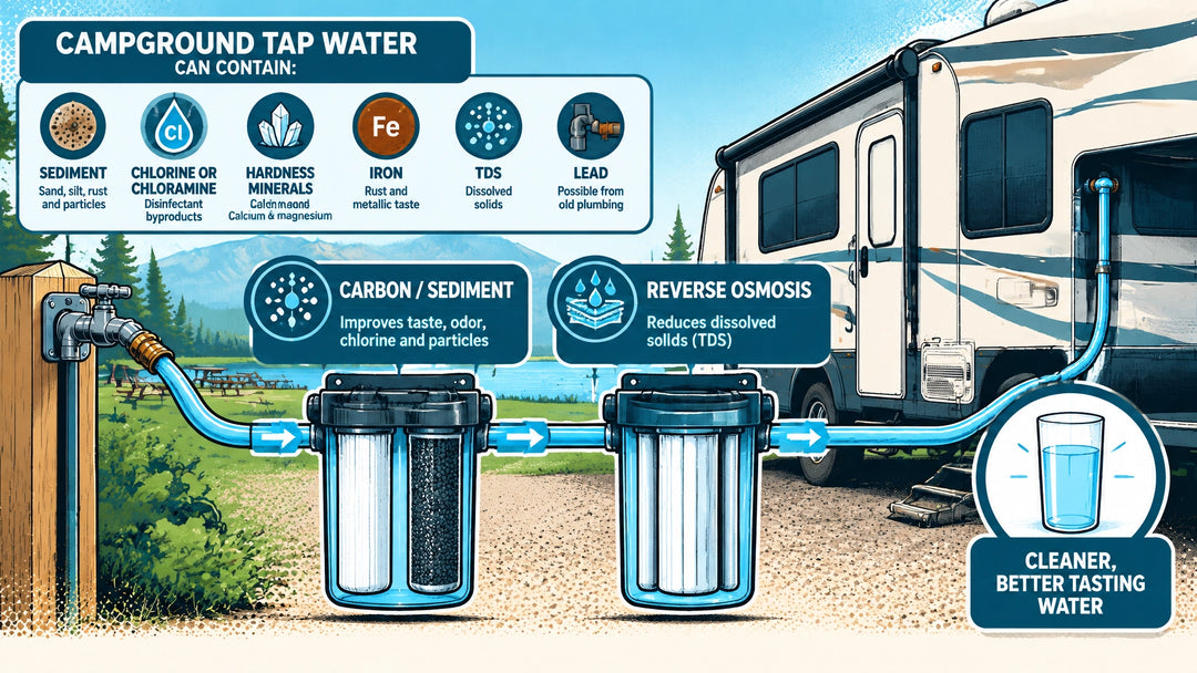 Technical graphic-novel illustration of an RV connected to campground water with campground contaminants compared across carb