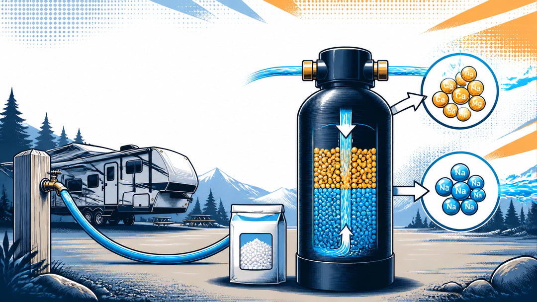 Graphic illustration of a portable RV water softener being regenerated with salt and brine beside a campground water connecti