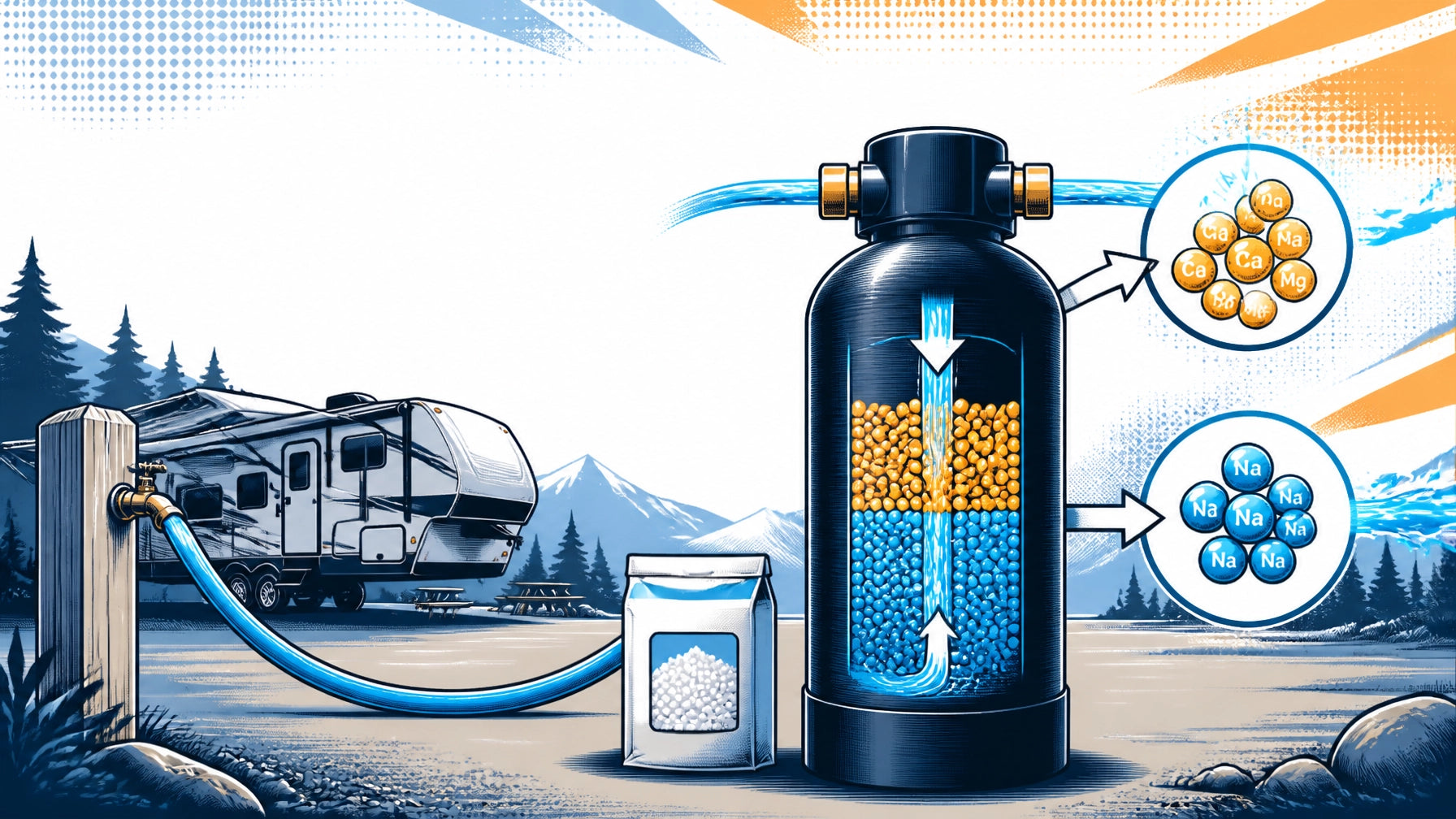 Graphic illustration of a portable RV water softener being regenerated with salt and brine beside a campground water connecti