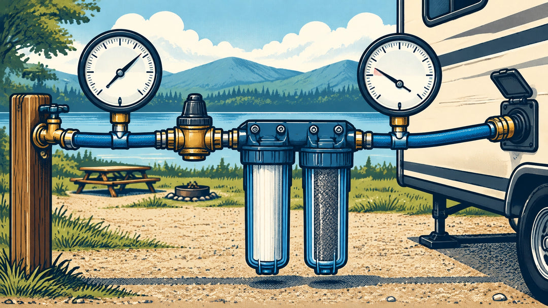 Technical graphic-novel illustration of two analog pressure gauges comparing water pressure upstream and downstream of an RV 