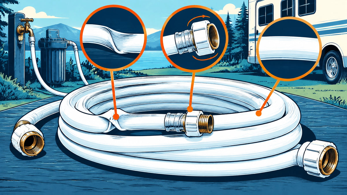 Graphic-novel illustration of an RV potable-water hose being checked for a permanent kink and loose fitting, with an intact s