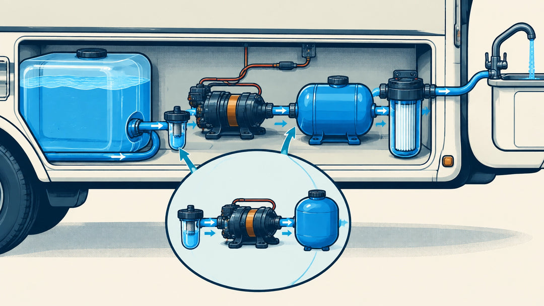 Technical illustration of an RV tank-water system showing the fresh tank, pump inlet strainer, 12-volt demand pump, accumulat