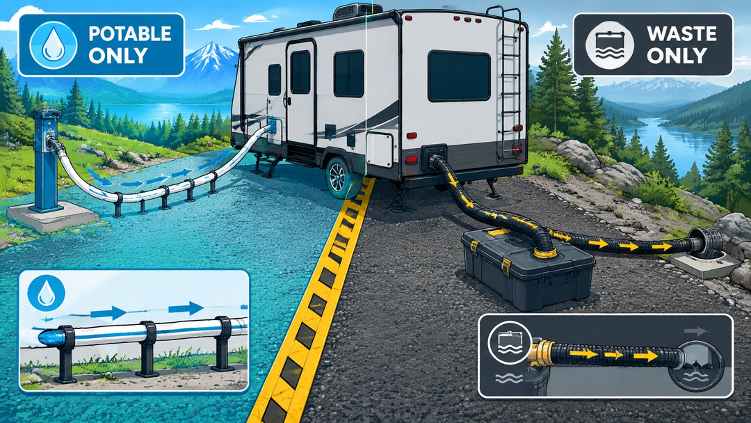 Technical graphic-novel illustration of an RV campsite with a blue potable-water connection on the clean side and a separate 