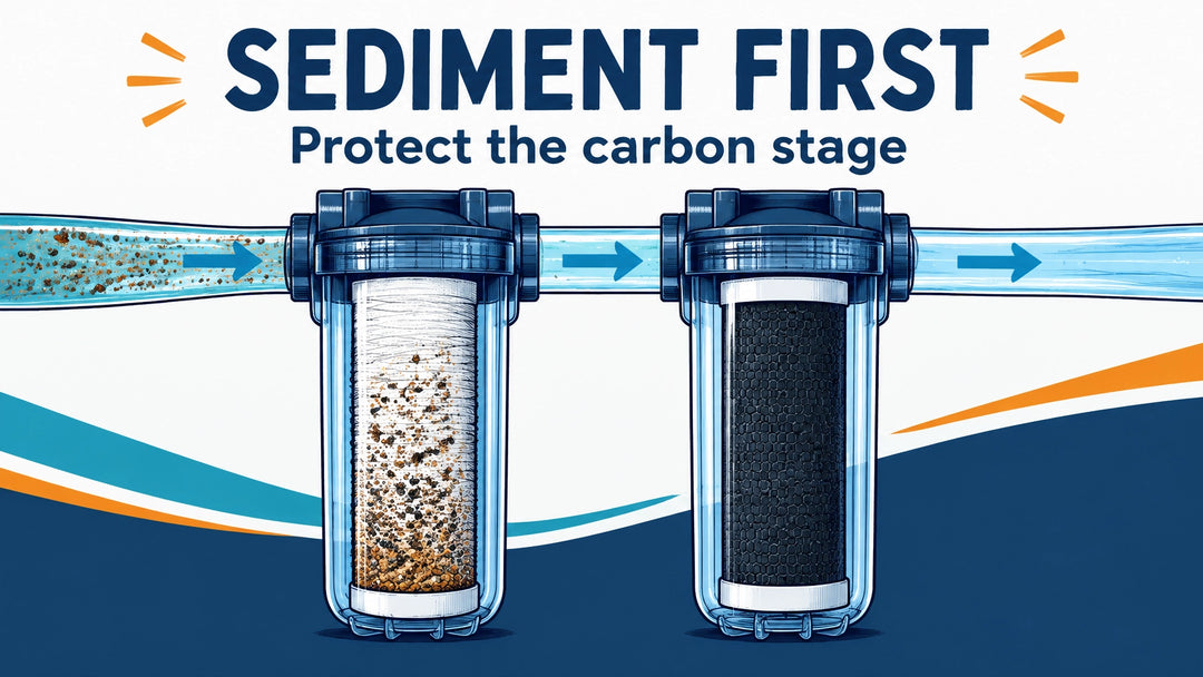 Two RV filter housings in sequence: the first sediment cartridge traps visible grit before water reaches the clean carbon car
