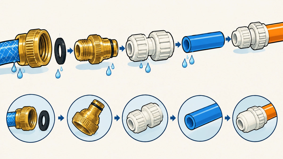 Technical graphic-novel illustration of RV water fittings arranged in sequence, including a hose swivel with washer, brass ad