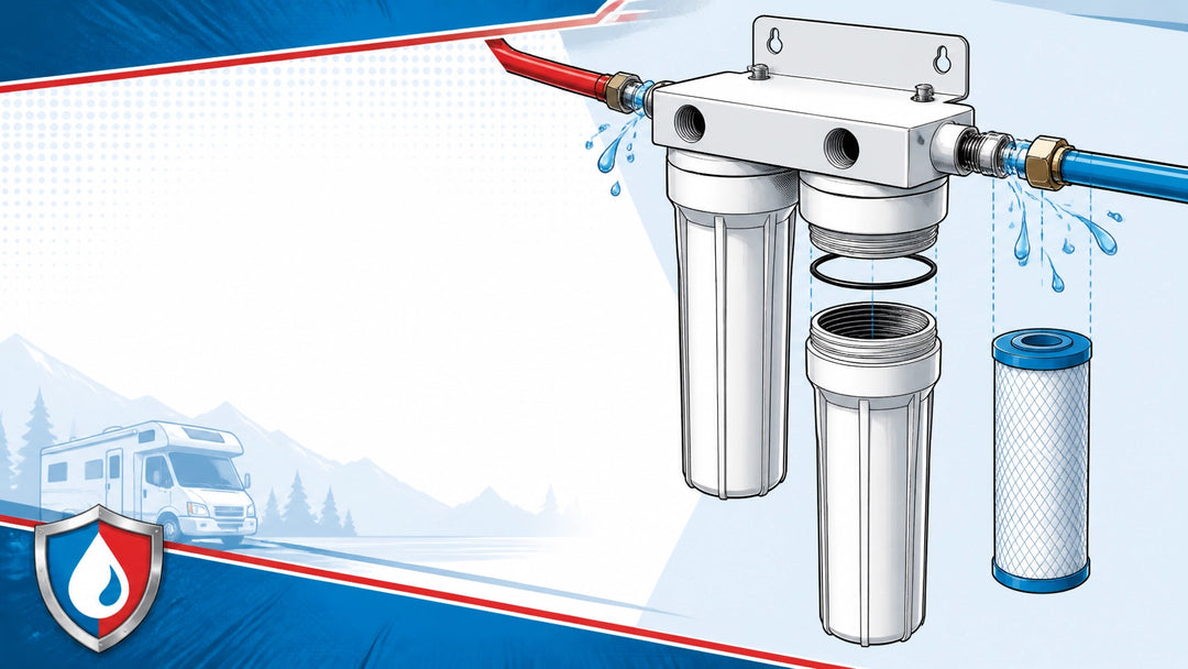 Exploded technical illustration of a dual-canister RV water filtration housing showing the canister bowls, filter cartridge, 
