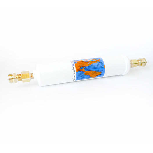 Compact Omnipure in-line RV water filter with hose fittings, shown as a hose-end filtration option for campground hookups