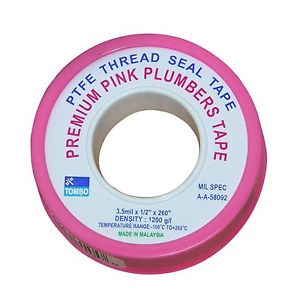 Pink PTFE plumber’s tape used for sealing tapered NPT pipe threads in an RV water connection