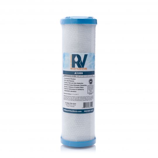 RV Water Filter Store replacement carbon cartridge shown upright with blue end caps, ready to be stored above freezing or installed during spring recommissioning