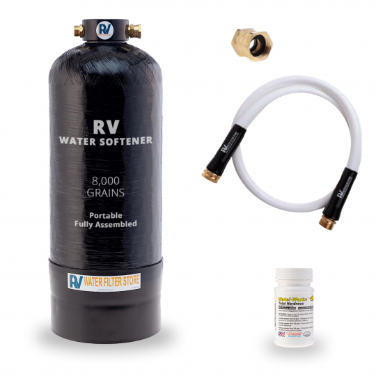 Real 8,000-grain compact portable RV water softener with hose and fittings