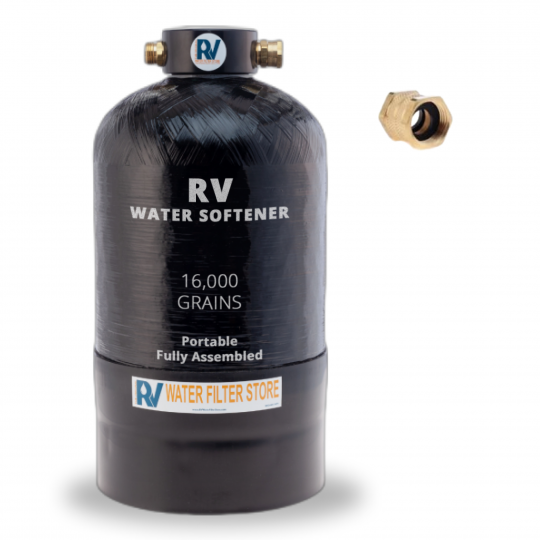 Essential Portable RV Water Softener with 16,000 Tank &amp; Hose Fittings