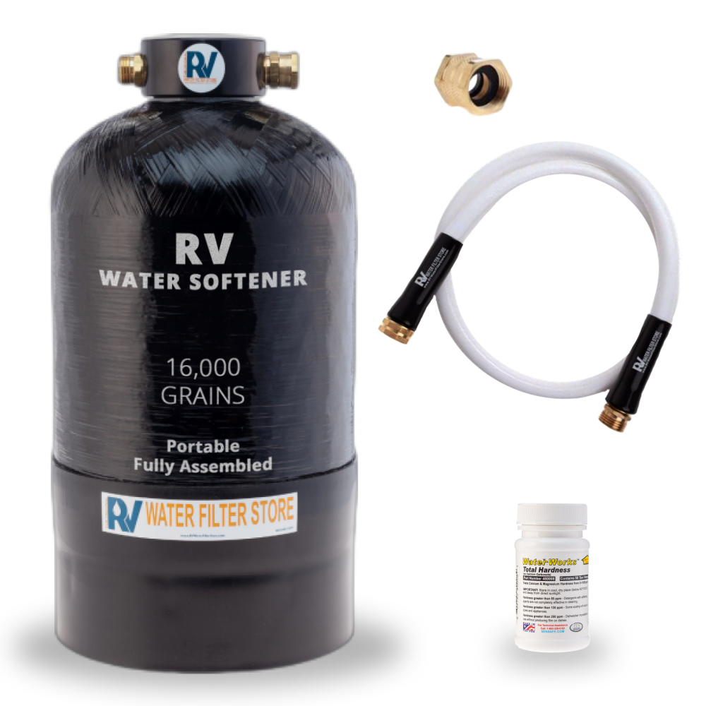 Real 16,000-grain portable RV water softener with 4-foot hose and hardness test strips