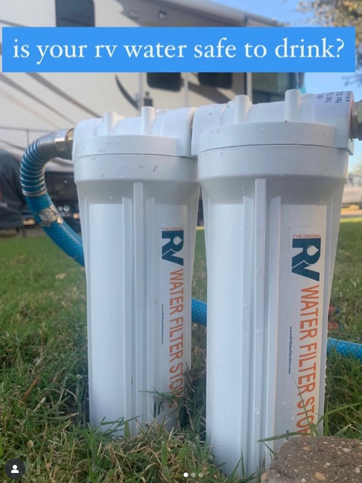 Two RV water filter systems on grass with text asking if RV water is safe to drink.