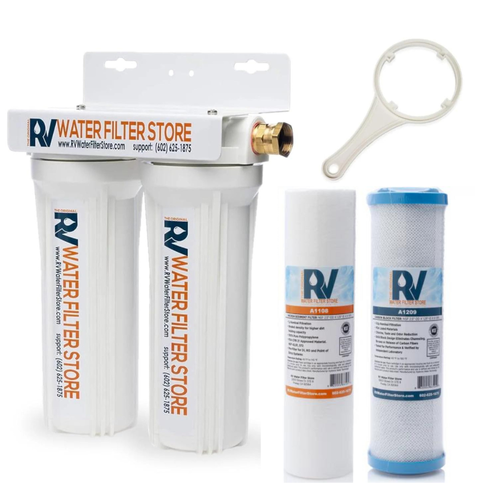 Real RV Water Filter Store dual-canister system with separate housings for staged sediment and carbon filtration