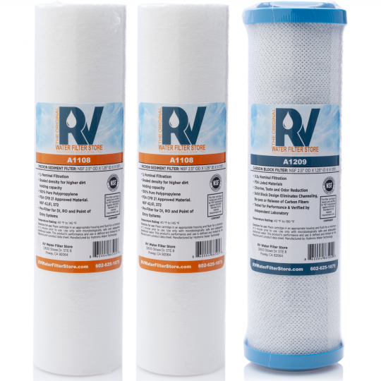 Real RV replacement filter cartridge shown as part of a replacement-cartridge selection for carbon, sediment, and specialty filtration
