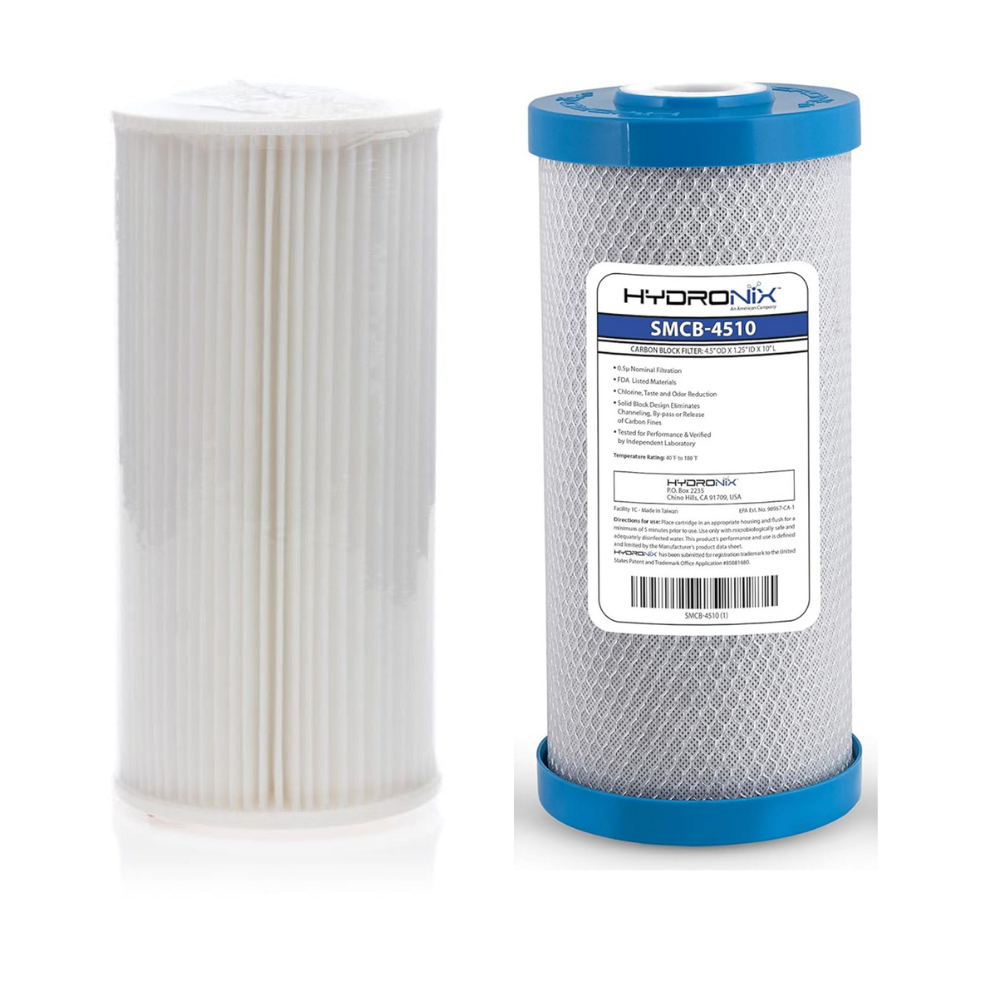 RV replacement water filter cartridges arranged beside a compact under-sink filter system for annual maintenance